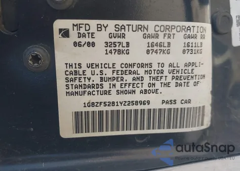 2000 Saturn Sl из США, поврежденный, VIN 1G8ZF5281YZ258969